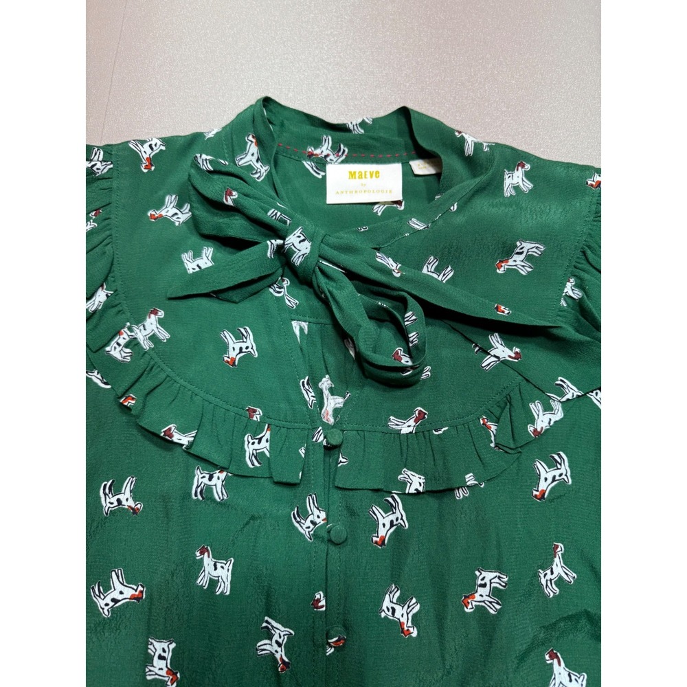 Maeve Anthropologie Green Dog Print Ruffle Tie Neck Blouse XS Short Sleeve Top - Picture 3 of 10